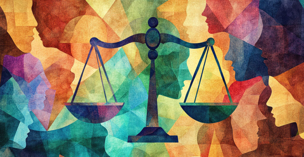 diverse community with justice scales